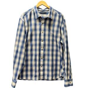 Fish Hippie Shirt Mens 2XL Blue Yellow Plaid Coastal Button‎ Up PRIMLAND LOGO